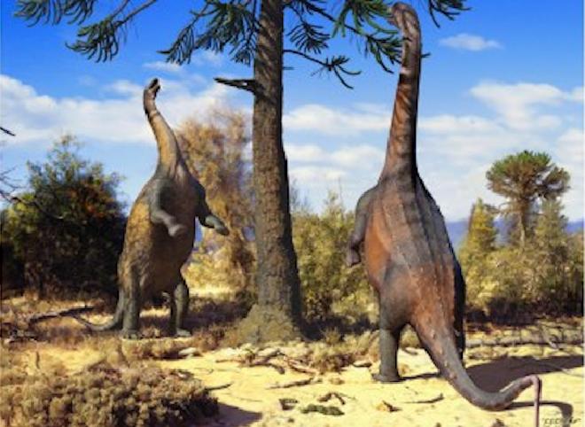 Dos Neuquensaurus parados sobre sus patas traseras para alcanzar la copa de un árbol. Los análisis computacionales indican que la especie podría haber permanecido fácilmente en esta posición hace 66 millones de años. Crédito: Guilherme Gehr