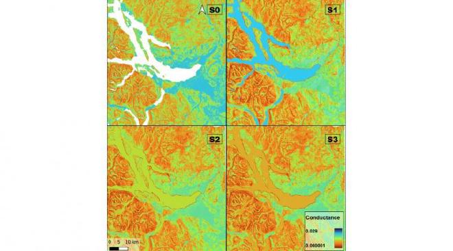 Cost model: 0 describes the scenario where the lake is impassable. The rest of the costs are terrestrial, the darker it is more expensive and the lighter, the less expensive. Image credit: Scartascini & Bay Gavuzzo