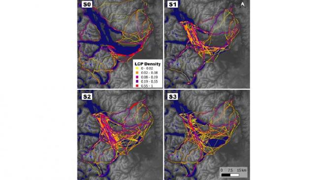 Comparison of three scenarios where the lake has low (S1), homogeneous (S2) and high (S3) costs. The figure below shows the resulting paths of lower cost in each case. Image credit: Scartascini & Bay Gavuzzo
