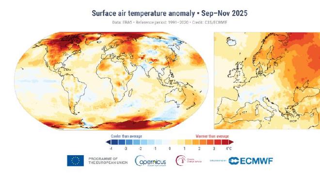 Anomalía de la temperatura del aire en superficie durante el otoño boreal de septiembre a noviembre de 2025 en comparación con el promedio del período 1991-2020. Fuente de datos: ERA5. Crédito: Servicio de Cambio Climático de Copernicus/CEPMMP.