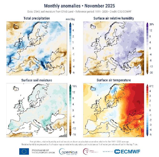 Anomalías en la precipitación, la humedad relativa del aire superficial, el contenido de humedad volumétrica de los 7 cm superiores del suelo y la temperatura del aire superficial para noviembre de 2025 con respecto a los promedios de noviembre del período 1991-2020. El sombreado gris más oscuro indica dónde no se muestra la humedad del suelo debido a la capa de hielo o a una precipitación climatológicamente baja. Fuente de los datos: ERA5 y ERA5-Land. Crédito: C3S/ECMWF.