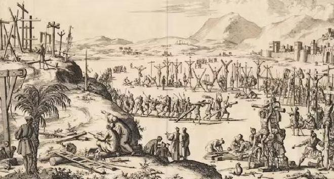 Abolición de las ejecuciones por crucifixión por el emperador Constantino. Grabado sobre cobre, J. Luyken (1649-1712), 1690. Colección particular.