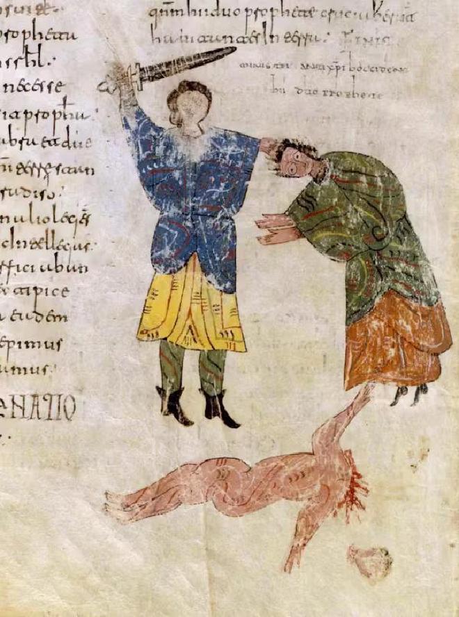 Decapitación de los profetas, Beato de Liébana, siglo X, Manuscrito Vitr. 14-1, Biblioteca Nacional de España, Madrid.