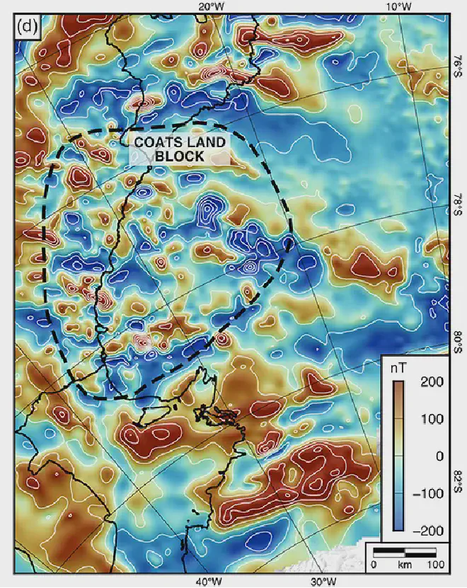 Magnetic anomaly map of the subglacial topography of Coats Land beneath the East Antarctic Ice Sheet, showing variations in the Earth’s magnetic field. The boundaries between high (red) and low (blue) values indicate steep geological surfaces, such as major fault systems. Credit: Paxman et al. [2026], Figure 1d. JGR: Earth Surface