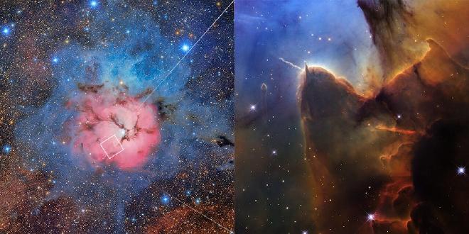 A ground-based photo of the full Trifid Nebula is shown on the left half with an inset image from the Hubble Space Telescope at right. At left, an irregular mostly opaque circle takes up the majority of the view. The circle has a bright pink interior crossed with a few dark, jagged dust lanes. A significant region around that appears blue. The edges have shades of orange and brown, with the star-filled black background of space peeking through. Hubble’s close-up is outlined just below center to the left. The top left is bright blue. Brown and amber colours run from top right through the center in irregular, overlapping lines to the bottom-center. At bottom right, the view is almost black. Tiny, amber-coloured stars appear throughout the scene. Toward the left there is a prominent brown shape that looks like a head with two horns. Image credit: NASA, ESA, STScI. Image processing: J. DePasquale (STScI)
