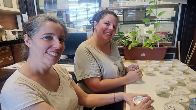 Marcela Rodriguero y Lucía Fernández Goya, en su ámbito de trabajo. Crédito de la imagen: gentileza investigadora