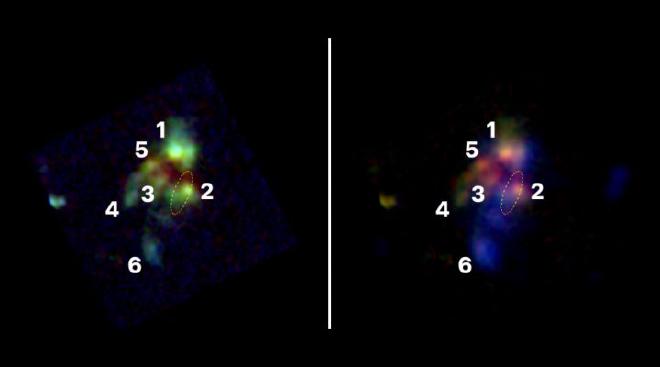 A la izquierda, en tonalidad verde, las galaxias detectadas. A la derecha, las estructuras de gas en color azul. La número 2 es la radiogalaxia identificada. Crédito de la imagen: James Webb Space Telescope