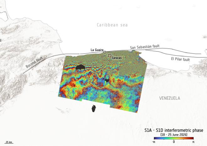 The image shows the affected area, which extends from Caracas, in northern Venezuela, towards the city of Puerto Cabello, about 210 km west of the capital. The city of La Guaira, some 20 km north of Caracas, is one of the worst-hit areas. Image credit: ESA.