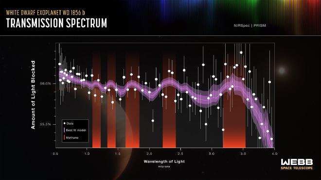 Esta imagen muestra un gráfico de la cantidad de luz bloqueada por porcentaje en el eje y y la longitud de onda de la luz en micras en el eje x. El eje y abarca desde 55,2% hasta 56,5% con marcas cada 0,1% y etiquetas en 55,5 y 56,0. El eje x abarca desde 0,5 hasta 4,0 micras con marcas cada 0,5 micras. Una línea púrpura gruesa delineada con dos bandas semitranslúcidas tiene una línea interior más oscura y una línea exterior más clara. La línea púrpura es ondulada y asciende, en el tercio superior, hasta aproximadamente 3,5 micras, donde desciende a 55,2 en el eje y y 4,0 en el eje x. Cinco picos están resaltados por barras rojas verticales, que indican la presencia de metano. Círculos blancos que representan puntos de datos están dispersos por encima y por debajo de la línea púrpura. Una leyenda muestra que la línea morada es el modelo que mejor se ajusta, el rojo resalta el metano y los círculos blancos representan los datos. Crédito de la imagen: NASA, ESA, CSA, J. Olmsted (STScI)