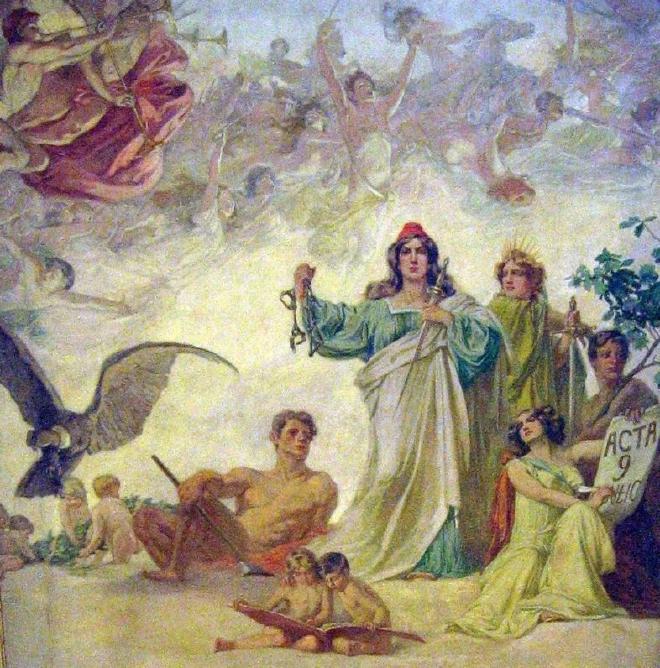 Painting on canvas on the ceiling of the White Hall of the Casa Rosada , with allegories to the May Revolution and the declaration of independence of 1816, made by the Italian painter Luigi De Servi (1863-1945)
