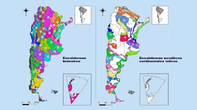 Ecosistemas terrestres (izq.) y ecosistemas acuáticos continentales loticos.