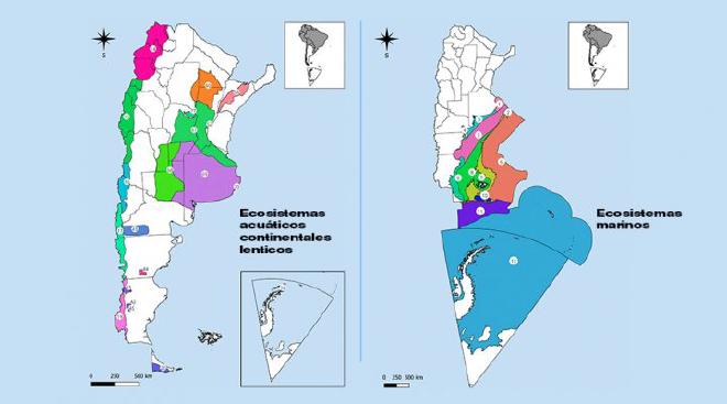Ecosistemas acuáticos continentales lenticos (Izq.) y ecosistemas marinos.