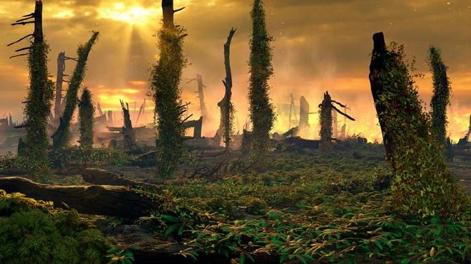 Representación artística del intervalo de espigas de helechos del final del Triásico. Los helechos invasores y pioneros están invadiendo los suelos alterados y los restos de bosques de coníferas. Crédito: Mark Garlic