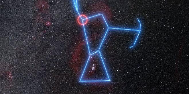 Esta imagen muestra la ubicación de la supergigante roja Betelgeuse en la constelación de Orión (el Cazador). Betelgeuse se puede observar fácilmente sin necesidad de telescopio, ya que se encuentra en el hombro derecho de Orión, como se destaca en este diagrama. Crédito de la imagen: ESO/N. Risinger