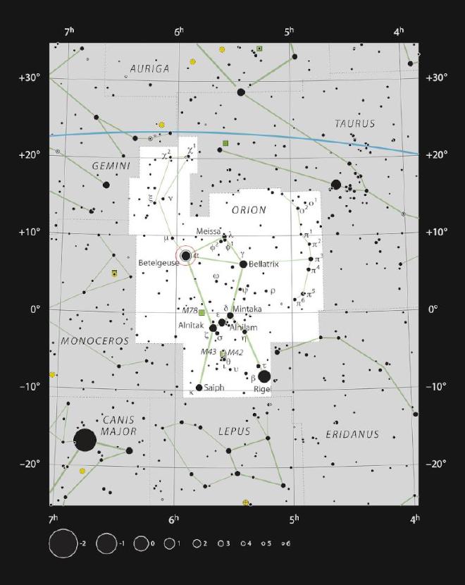 Este gráfico muestra la ubicación de la brillante supergigante roja Betelgeuse (Alpha Orionis) en la famosa constelación de Orión (el Cazador). El mapa muestra la mayoría de las estrellas visibles a simple vista en buenas condiciones, y la estrella en sí está marcada con un círculo rojo. Crédito de la imagen: ESO, IAU y Sky & Telescope