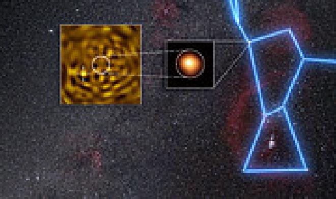 Utilizando el Very Large Telescope (VLT) del ESO, los astrónomos han obtenido la imagen más nítida hasta la fecha de lo que probablemente sea Betelgeuse B, una estrella que orbita alrededor de Betelgeuse. La imagen del recuadro central fue tomada en enero de 2019 con el instrumento SPHERE en el VLT del ESO y muestra a Betelgeuse. La imagen del recuadro de la izquierda fue tomada en diciembre de 2024, cuando se preveía que la compañera estaría más alejada de Betelgeuse vista desde la Tierra. En este recuadro, Betelgeuse ha sido eliminada, revelando una fuente (marcada con una cruz) que coincide con Betelgeuse B. Crédito de la imagen: ESO/M. Montargès et al.