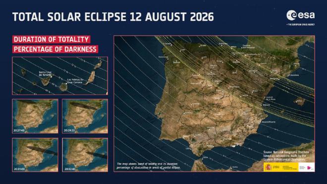 Las imágenes muestran las zonas que serán cubiertas en su totalidad y las demás áreas europeas afectadas por el eclipse solar. Crédito de la imagen: Agencia Espacial Europea