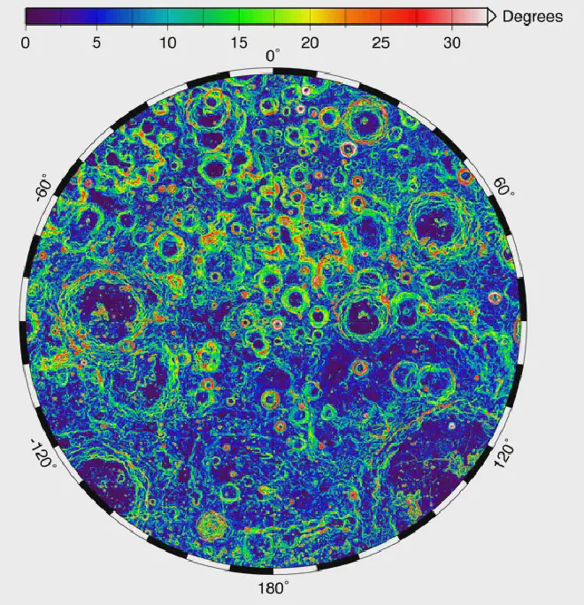 Noche estrellada” Polo sur de la Luna. Esta imagen de &ldquo;La noche estrellada&rdquo; muestra las pendientes que se encuentran cerca del polo sur de la Luna, al norte de los 75 grados sur. Las áreas de color rojo brillante a blanco tienen las pendientes más pronunciadas (25 grados o más), mientras que las áreas de color azul oscuro a púrpura tienen las pendientes más pequeñas (5 grados o menos). Las pendientes más pronunciadas se encuentran en los bordes de los cráteres de impacto, que aparecen como formaciones circulares de colores brillantes en toda la imagen. Crédito de la imagen: NASA/GSFC/MIT