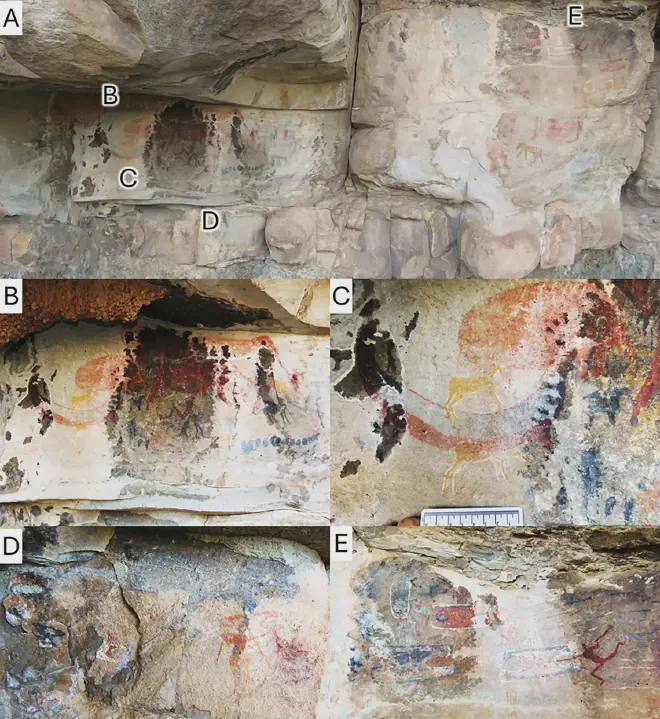 El panel de la Serpiente Cornuda. A, vista general del panel de la Serpiente Cornuda fotografiado en 2024 por el autor. B, primer plano de la sección que figura en la lámina 39 de Stow y Bleek <a href="https://journals.plos.org/plosone/article?id=10.1371/journal.pone.0309908#pone.0309908.ref013"   target="_blank">
    13</a>. C, primer plano del animal con colmillos. D, primer plano de los guerreros pintados debajo del panel de la Serpiente Cornuda. E, primer plano de los guerreros pintados a la derecha del panel. Crédito de la imagen: Julien Benoit