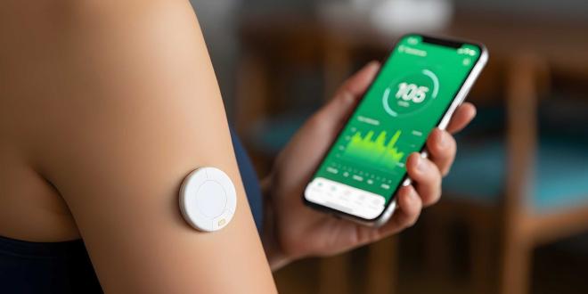 Un monitor continuo de glucosa en la parte superior del brazo de una persona con diabetes. Un sensor como este podría utilizarse para ayudar a controlar un sistema implantable diseñado para reducir la glucosa en sangre