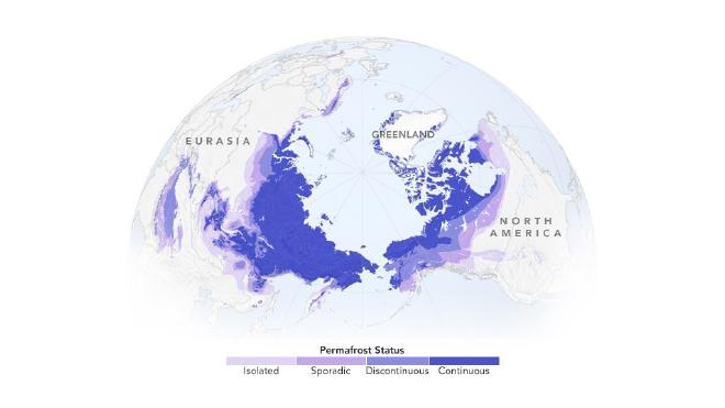 Este mapa, basado en datos proporcionados por el Centro Nacional de Datos sobre Nieve y Hielo, de Estados Unidos, muestra la extensión del permafrost ártico. La cantidad de permafrost que se encuentra debajo de la superficie varía desde el continuo (en las zonas más frías) hasta parches más aislados y esporádicos. Crédito: Observatorio de la Tierra de la NASA