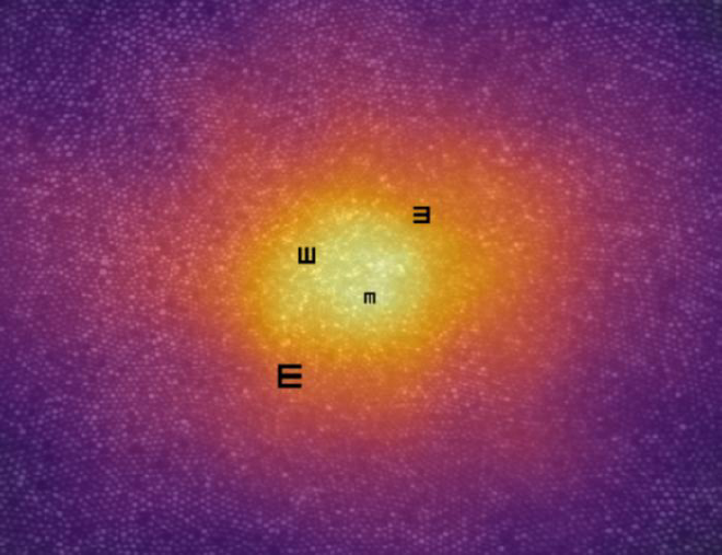 Mosaico denso de células fotorreceptoras cónicas en el centro foveal de un ojo humano, cubierto con letras que se utilizan para evaluar la agudeza visual. El color indica la densidad celular. Crédito: University Hospital Bonn (UKB), AOVision Laboratory / Wolf Harmening