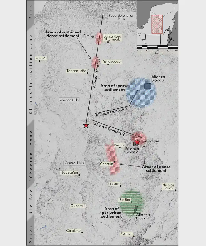 Sitios y densidades de asentamientos en el área de estudio de Alianza. Crédito de la imagen: Auld-Thomas et al.