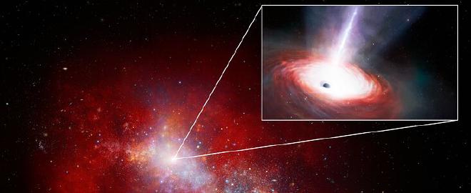 La recreación artística muestra una galaxia enana roja del Universo temprano que alberga en su centro un agujero negro que se alimenta vorazmente. Utilizando datos del <em>JWST</em> y el <em>Observatorio de rayos X Chandra</em>, un equipo de astrónomos del <em>NOIRLab</em> de la <em>Fundación Nacional de Ciencias de EE. UU.</em> descubrió este agujero negro de baja masa en el centro de una galaxia sólo 1.500 millones de años después del <em>Big Bang</em>. Está acumulando materia a un ritmo fenomenal: más de 40 veces el límite teórico. Si bien duró poco, el “festín” de este agujero negro podría ayudar a los astrónomos a explicar cómo los agujeros negros supermasivos crecieron tan rápidamente en el Universo primitivo. Crédito: NOIRLab/NSF/AURA/J. da Silva/M. Zamani