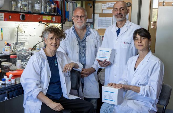 Los investigadores del Instituto Fundación Leloir, Andrea Gamarnik, Belén García Fabiani y Marcelo Yanovsky (con anteojos), que lideraron el desarrollo del kit, junto a Jorge Carradori, del Laboratorio Lemos Crédito de la imagen: Instituto Fundación Leloir