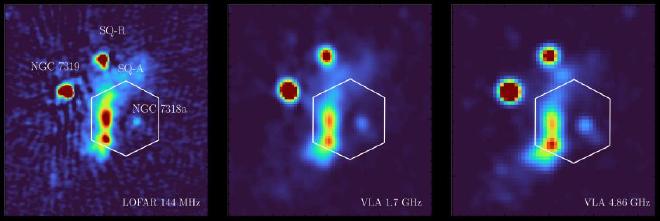 Observaciones de radio del Quinteto de Stephan en diferentes frecuencias, tomadas por Low Frequency Array (LOFAR) y Very Large Array (VLA). Los colores rojos indican una fuerte emisión de radio proveniente del frente de choque, así como de algunas de las galaxias del grupo y más allá. Crédito: Universidad de Hertfordshire. Tipo de licencia Atribución (CC BY 4.0)