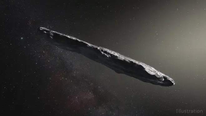 Esta creación artística muestra el objeto interestelar 1I/2017 U1 (‘Oumuamua) después de su descubrimiento en 2017. Si bien no es un cometa oscuro, el movimiento de ‘Oumuamua a través del sistema solar ha ayudado a los investigadores a comprender mejor la naturaleza de los 14 cometas oscuros descubiertos hasta ahora. Crédito: Observatorio Europeo Austral / M. Kornmesser