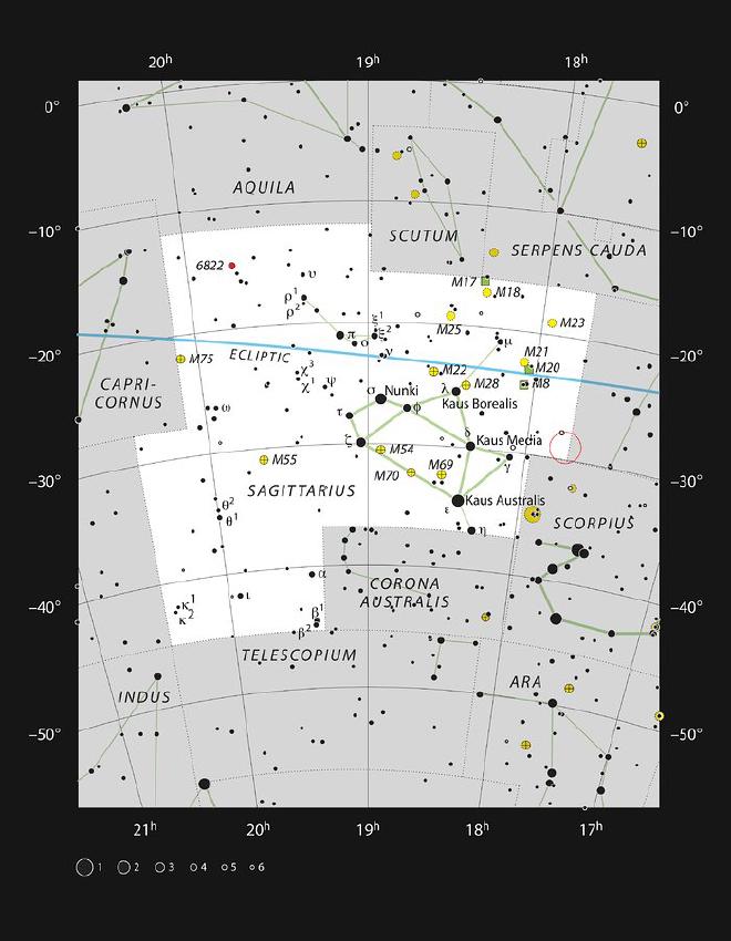 Este mapa muestra la ubicación del campo de visión dentro del cual reside Sagitario A* —  el hogar del agujero negro está marcado con un círculo rojo dentro de la constelación de Sagitario (el Arquero). Este mapa muestra la mayoría de las estrellas visibles a simple vista bajo buenas condiciones. Crédito: ESO, IAU and Sky &amp; Telescope