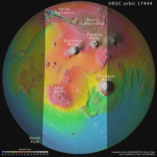 Topografía de la región de Tharsis, en Marte