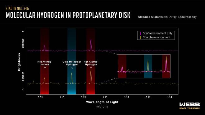 This graph shows, on the bottom left in yellow, a spectrum of one of the 10 target stars in this study (as well as accompanying light from the immediate background environment). Spectral fingerprints of hot atomic helium, cold molecular hydrogen, and hot atomic hydrogen are highlighted. On the top left in magenta is a spectrum slightly offset from the star that includes only light from the background environment. This second spectrum lacks a spectral line of cold molecular hydrogen. On the right is the comparison of the top and bottom lines. This comparison shows a large peak in the cold molecular hydrogen coming from the star but not its nebular environment. Also, atomic hydrogen shows a larger peak from the star. This indicates the presence of a protoplanetary disc immediately surrounding the star. The data was taken with the microshutter array on the James Webb Space Telescope’s NIRSpec (Near-Infrared Spectrometer) instrument. Graphic titled Star in NGC 346, Molecular Hydrogen in Protoplanetary Disk, NIRSpec Microshutter Array Spectroscopy showing brightness of 2.02- to 2.37-micron light of a star and its environment (plotted in yellow) and a star’s environment only (plotted in pink) on an xy graph of brightness versus wavelength in microns. Two wavelength bands, ranging from 2.05 to 2.07 and 2.16 to 2.18, are highlighted in red and labeled Hot Atomic Helium, He. A band from 2.11 to 2.13 in blue is labeled Cold Molecular Hydrogen, H 2. The spectrum of the star plus environment (yellow) has prominent peaks at 2.06 and 2.17 microns (He), and at 2.12 microns (H). The spectrum of the star’s environment only (pink) also has peaks at 2.06 and 2.17 microns (He), but not at 2.12 (H). The two spectra are offset vertically for readability. An inset shows them plotted with the same vertical alignment: the helium peaks on the star plus environment spectrum are slightly taller than those of the environment only. Credit: NASA, ESA, CSA, J. Olmsted (STScI)