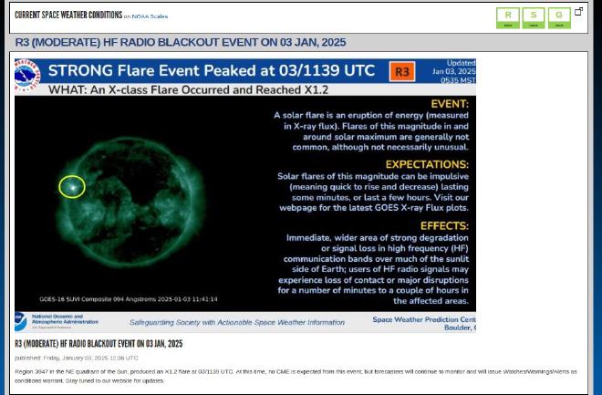 La región 3947, en el cuadrante NE del Sol, produjo una llamarada X1.2 a las 03/1139 UTC. En este momento, no se espera ninguna eyección de masa coronal a raíz de este evento, pero los meteorólogos seguirán vigilándolo y emitirán avisos/advertencias/alertas según lo requieran las condiciones. Crédito: USA Space Weather Prediction Center