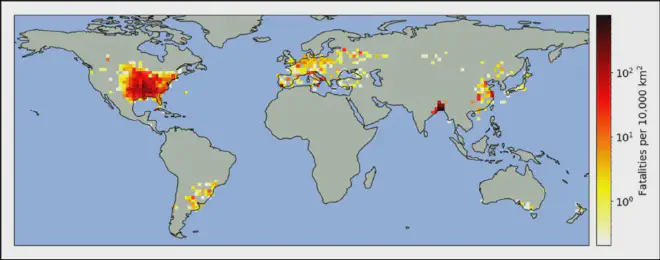 Distribución global del total de muertes por tornados registradas por cada 10.000 kilómetros cuadrados. No hay datos disponibles para los tornados sudafricanos y la mayoría de los chinos. Crédito: Maas et al., 2024, https://doi.org/10.1175/BAMS-D-23-0123.1