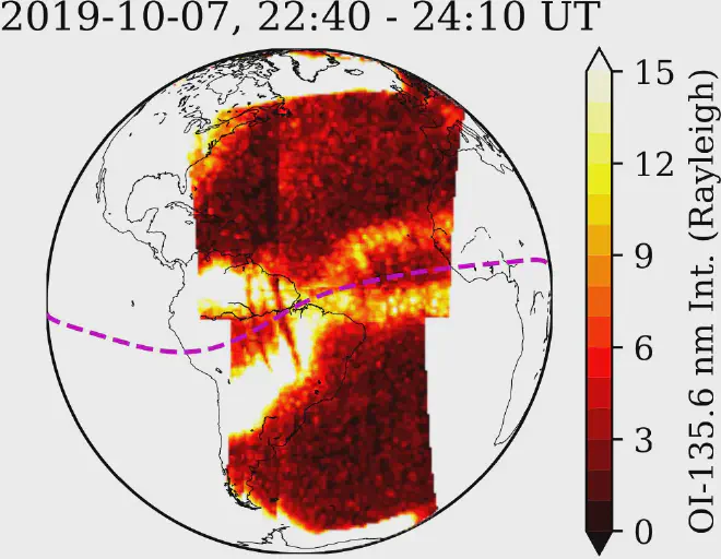 Las observaciones de la misión GOLD de la NASA muestran partículas cargadas en la ionosfera formando una X el 7 de octubre de 2019