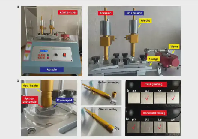 Fotografías de los equipos, accesorios y materiales utilizados en los experimentos de abrasión con esponjas de melamina