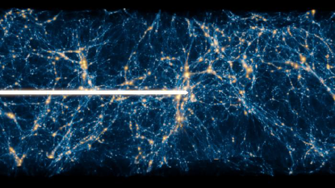 Reconstrucción artística del recorrido de un fotón a través del gas intergaláctico