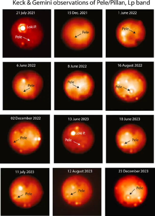 Imágenes de Keck y Gemini de Ío en la banda Lp (3,8 μm) de Pele/Pillan, que no muestran emisiones en Pillan Patera ni en sus alrededores inmediatos