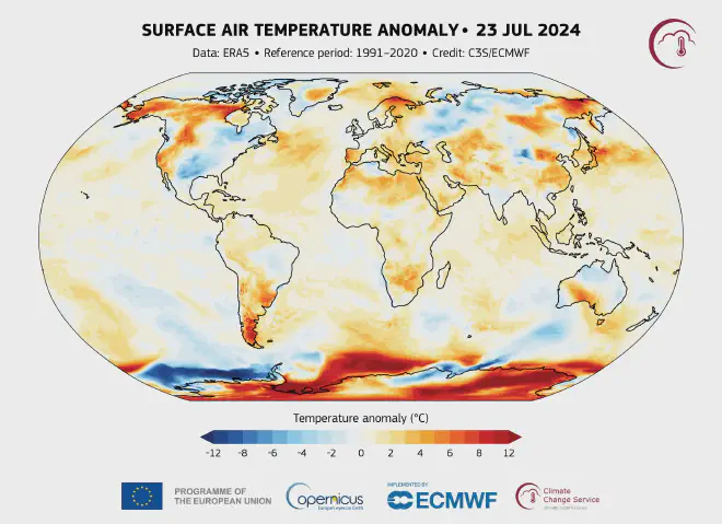 Anomalías de la temperatura del aire en superficie el 23 de julio de 2024, en relación con el promedio del período de referencia 1991-2020