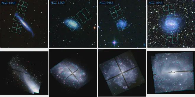 Campos NIRCam superpuestos a imágenes en color de Digitized Sky Survey para cuatro anfitriones (arriba) e imágenes NIRCam RGB (F090W/F150W/F277W) que muestran las posiciones de las Cefeidas (círculos cian) (abajo). El norte está arriba y el este a la izquierda